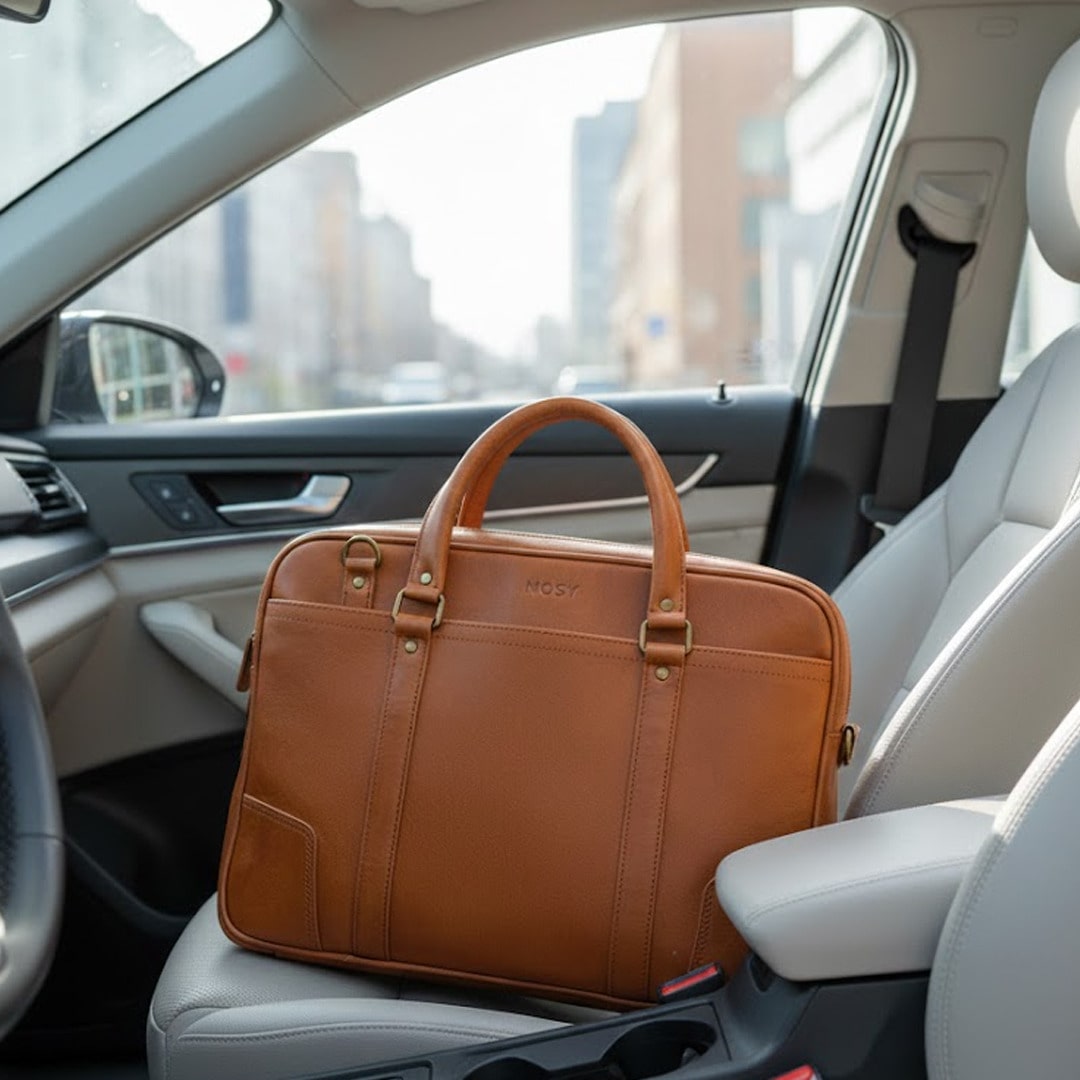 Brown leather briefcase on a car seat with cityscape outside
